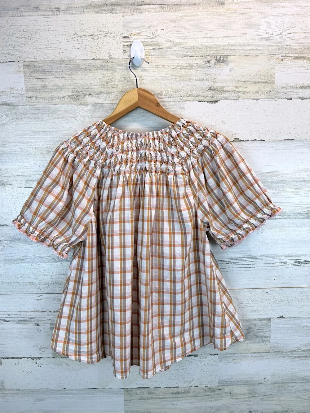 Anthropologie Plaid Smocked Peasant Blouse XL Cottagecore Boho